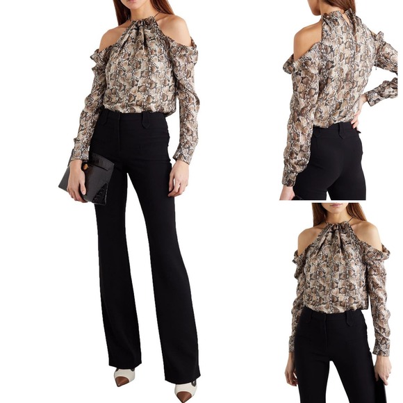Altuzarra Silk Blouse Elijah Cold Shoulder Brown Snake Print 8